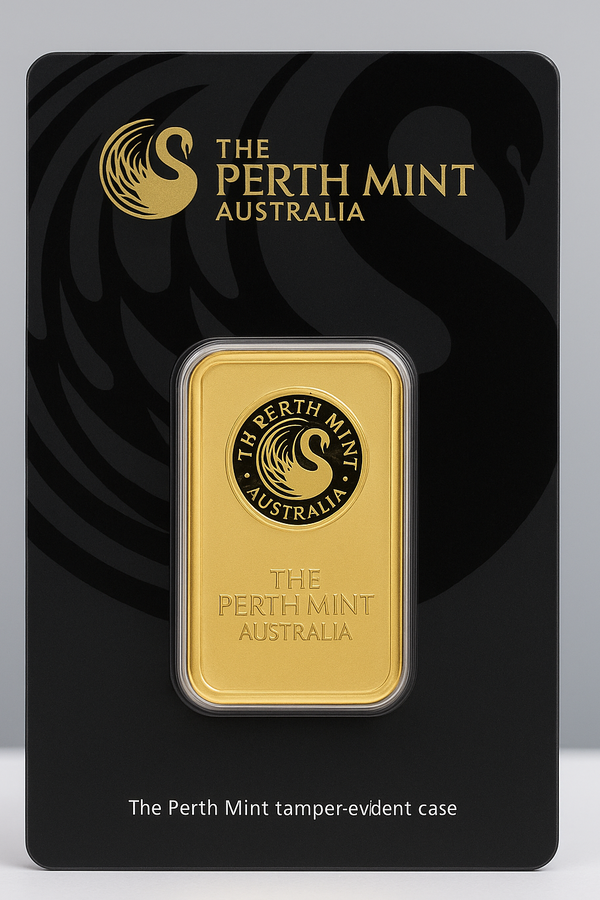 Gold bar in a 'The Perth Mint Australia' tamper-evident case on a black background